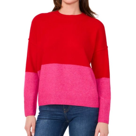 SAM&JESS Women's Colorblock Crewneck Cozy Sweater Size L In Bright Cherry - Picture 1 of 8